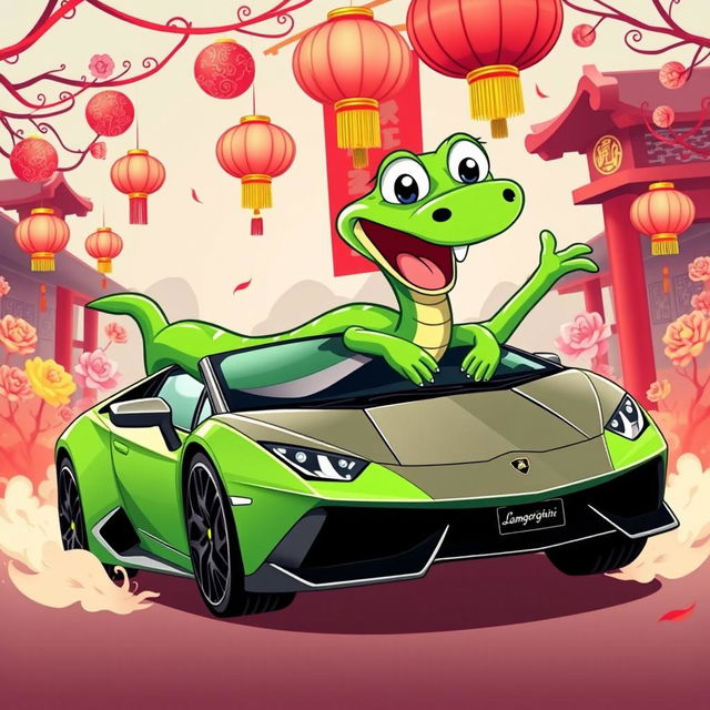 A green cartoon snake joyfully riding a stylish Lamborghini, set against a festive Chinese New Year background