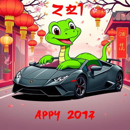 A green cartoon snake joyfully riding a stylish Lamborghini, set against a festive Chinese New Year background