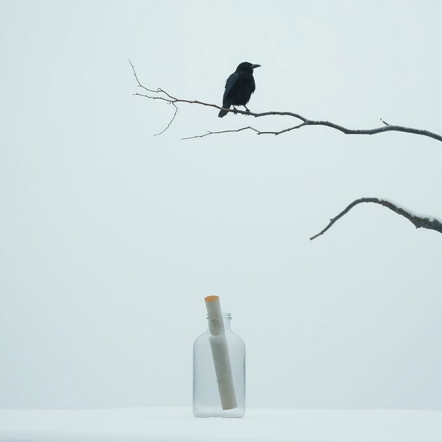 A tranquil early winter scene featuring a tree branch entering from the right side of the frame and stretching upwards, with an old crow perched on it