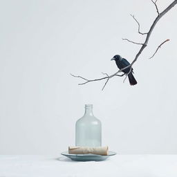 A tranquil early winter scene featuring a tree branch entering from the right side of the frame and stretching upwards, with an old crow perched on it