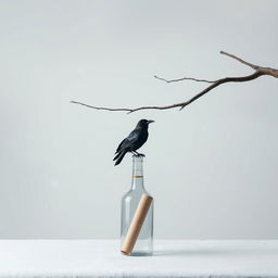 A tranquil early winter scene featuring a tree branch entering from the right side of the frame and stretching upwards, with an old crow perched on it