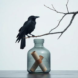 A tranquil early winter scene featuring a tree branch entering from the right side of the frame and stretching upwards, with an old crow perched on it