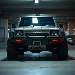 A cyberpunk-themed scene featuring a four-seated, high suspension, vintage 1980s SUV