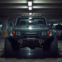 A cyberpunk-themed scene featuring a four-seated, high suspension, vintage 1980s SUV