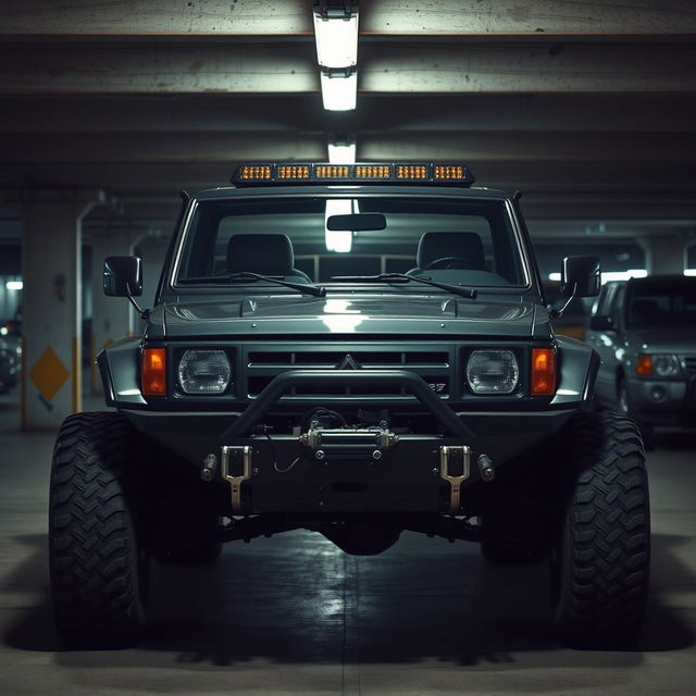 A cyberpunk-themed scene featuring a four-seated, high suspension, vintage 1980s SUV