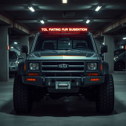 A cyberpunk-themed scene featuring a four-seated, high suspension, vintage 1980s SUV
