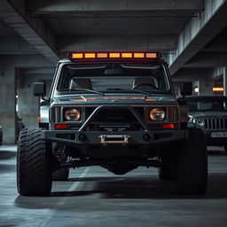 A cyberpunk-themed scene featuring a four-seated, high suspension, vintage 1980s SUV