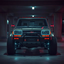 A cyberpunk-themed scene featuring a four-seated, high suspension, vintage 1980s SUV