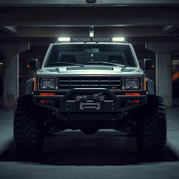 A cyberpunk-themed scene featuring a four-seated, high suspension, vintage 1980s SUV