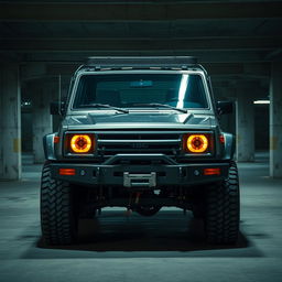 A cyberpunk-themed scene featuring a four-seated, high suspension, vintage 1980s SUV