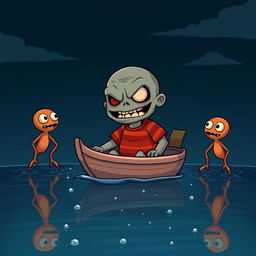 A digital illustration featuring a cartoon character resembling a zombie or zombie-like creature with a large head and sharp teeth, wearing a red and orange striped shirt