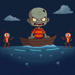 A digital illustration featuring a cartoon character resembling a zombie or zombie-like creature with a large head and sharp teeth, wearing a red and orange striped shirt