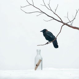 A tranquil winter scene featuring a tree branch entering from the right side of the frame, angled upwards, with an old crow perched on it