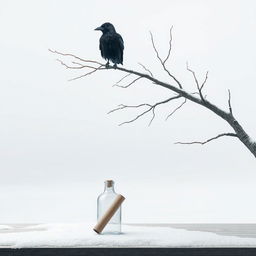 A tranquil winter scene featuring a tree branch entering from the right side of the frame, angled upwards, with an old crow perched on it