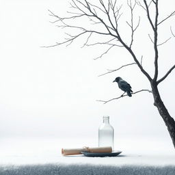 A tranquil winter scene featuring a tree branch entering from the right side of the frame, angled upwards, with an old crow perched on it
