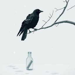 A tranquil winter scene featuring a tree branch entering from the right side of the frame, angled upwards, with an old crow perched on it