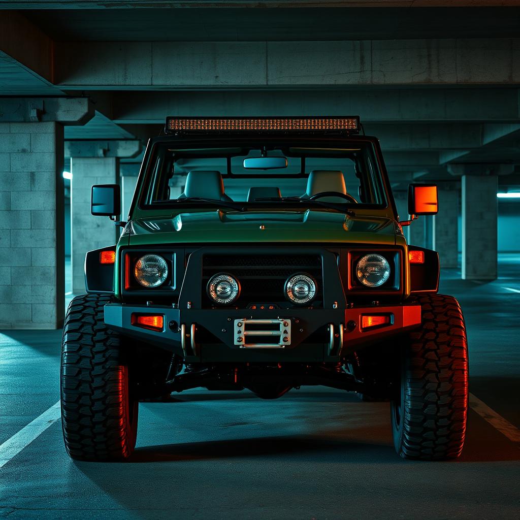 A cyberpunk-inspired scene featuring a four-seated, high suspension vintage 1980s SUV