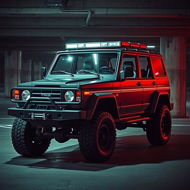 A cyberpunk-inspired scene featuring a four-seated, high suspension vintage 1980s SUV