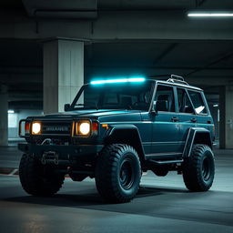 A cyberpunk-inspired scene featuring a four-seated, high suspension vintage 1980s SUV