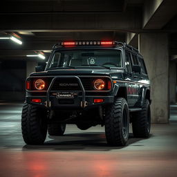 A cyberpunk-inspired scene featuring a four-seated, high suspension vintage 1980s SUV