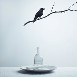 A serene early winter scene featuring a tree branch entering from the right side of the frame, angling upwards, with an old crow sitting on it