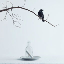 A serene early winter scene featuring a tree branch entering from the right side of the frame, angling upwards, with an old crow sitting on it