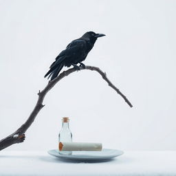 A serene early winter scene featuring a tree branch entering from the right side of the frame, angling upwards, with an old crow sitting on it
