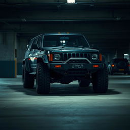 A cyberpunk-inspired scene depicting a four-seated, high suspension vintage 1980s SUV