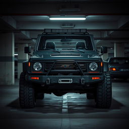 A cyberpunk-inspired scene depicting a four-seated, high suspension vintage 1980s SUV
