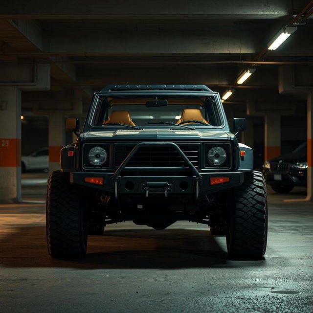 A cyberpunk-inspired scene depicting a four-seated, high suspension vintage 1980s SUV