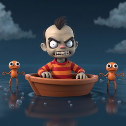 A 3D rendering of a cartoon character that resembles a zombie or zombie-like creature with a large head, sharp teeth, and a menacing expression, dressed in a red and orange striped shirt