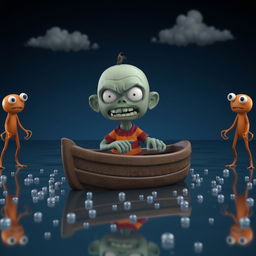A 3D rendering of a cartoon character that resembles a zombie or zombie-like creature with a large head, sharp teeth, and a menacing expression, dressed in a red and orange striped shirt