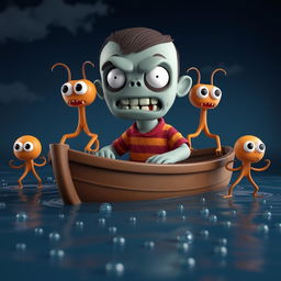 A 3D rendering of a cartoon character that resembles a zombie or zombie-like creature with a large head, sharp teeth, and a menacing expression, dressed in a red and orange striped shirt