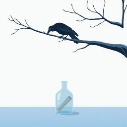 An animated early winter scene showcasing a tree branch entering from the right side of the frame and angling upwards, with an old crow perched on the branch
