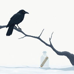 An animated early winter scene showcasing a tree branch entering from the right side of the frame and angling upwards, with an old crow perched on the branch