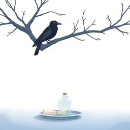 An animated early winter scene showcasing a tree branch entering from the right side of the frame and angling upwards, with an old crow perched on the branch
