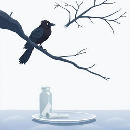 An animated early winter scene showcasing a tree branch entering from the right side of the frame and angling upwards, with an old crow perched on the branch