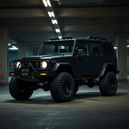 A striking cyberpunk scene featuring a four-seated, high suspension vintage 1980s SUV