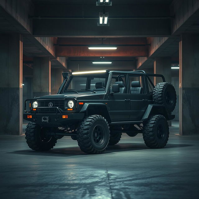 A striking cyberpunk scene featuring a four-seated, high suspension vintage 1980s SUV