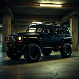 A striking cyberpunk scene featuring a four-seated, high suspension vintage 1980s SUV