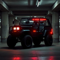 A striking cyberpunk scene featuring a four-seated, high suspension vintage 1980s SUV