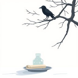 An animated scene depicting an early winter atmosphere with a tree branch entering from the right side of the frame, arching upwards, where an old crow is perched