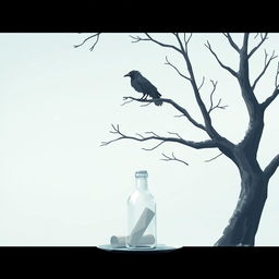 An animated scene depicting an early winter atmosphere with a tree branch entering from the right side of the frame, arching upwards, where an old crow is perched