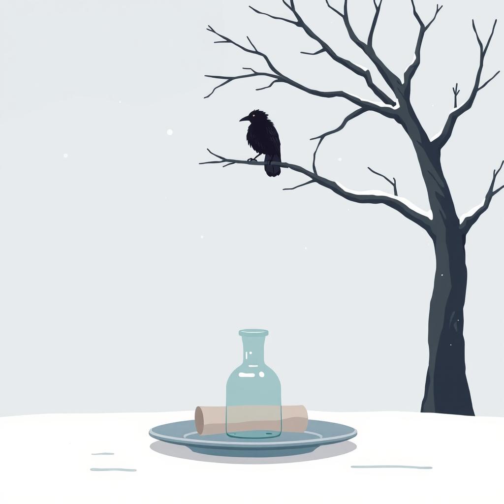 An animated scene depicting an early winter atmosphere with a tree branch entering from the right side of the frame, arching upwards, where an old crow is perched