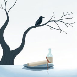 An animated scene depicting an early winter atmosphere with a tree branch entering from the right side of the frame, arching upwards, where an old crow is perched