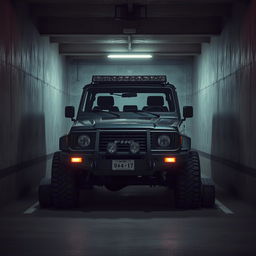 A captivating cyberpunk scene featuring a four-seated, high suspension vintage 1980s SUV