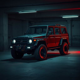 A captivating cyberpunk scene featuring a four-seated, high suspension vintage 1980s SUV