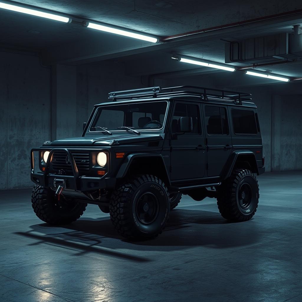 A captivating cyberpunk scene featuring a four-seated, high suspension vintage 1980s SUV