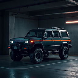A captivating cyberpunk scene featuring a four-seated, high suspension vintage 1980s SUV