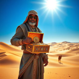 A wealthy desert treasure hunter standing in an expansive, sun-baked desert landscape